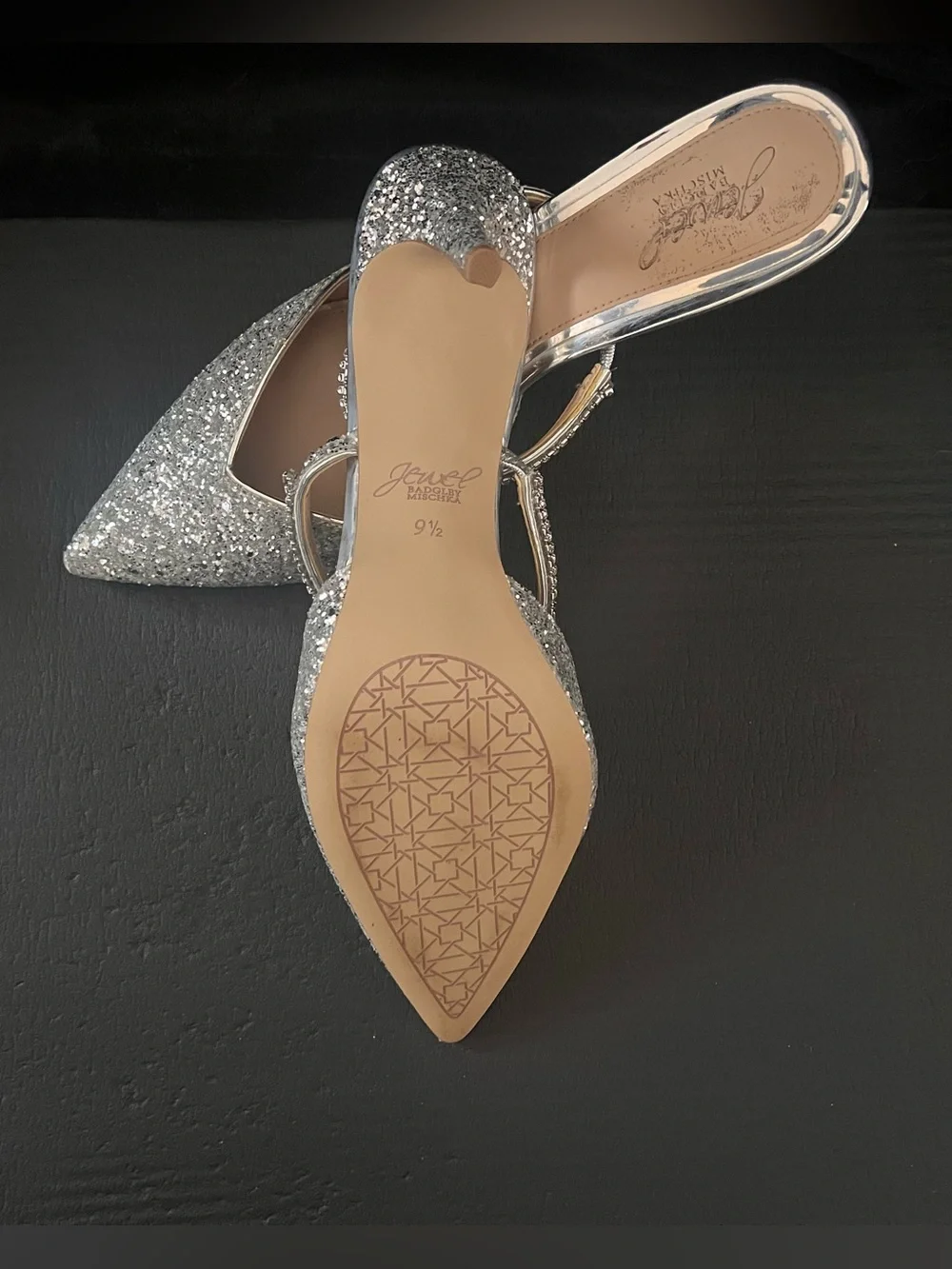 Badgley Mischka Silver Glitter Pointed-Toe Crystal Strap Mules